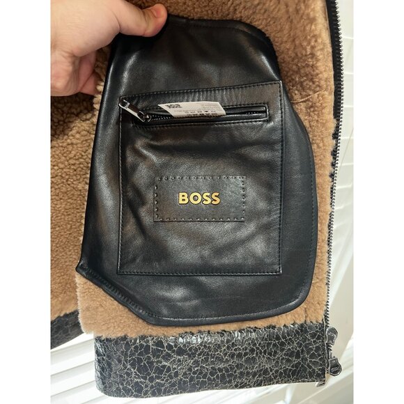 HUGO BOSS Mens Black Textured Leather Shearling Collar Aviator Jacket NWT - Picture 7 of 12